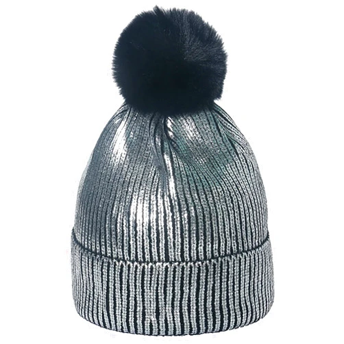 IHAUIUE Metallic Beanie Hat Fashion Solid Color Skull Cap Knit Cuffed Watch Hats with Removable Fur Pom Pom