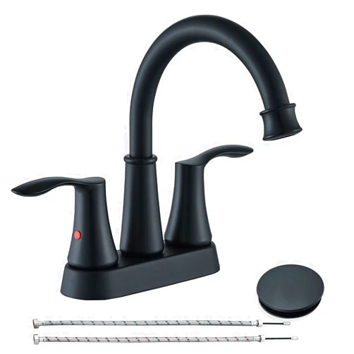 YAGATAP 4 Inch Matte Black Bathroom Faucets for Sink 3 Hole, Faucet for Bathroom Sink with Pop-up Drain & 2 Supply Hoses,360 Swivel Spout Stainless Steel Lead-Free 2-Handle Centerset Faucet