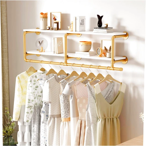 ORSENIGO Industrial Pipe Clothing Rack with Shelves, Gold Wall Mounted Clothes Rack Heavy Duty Display Garment Rack for Home Retail