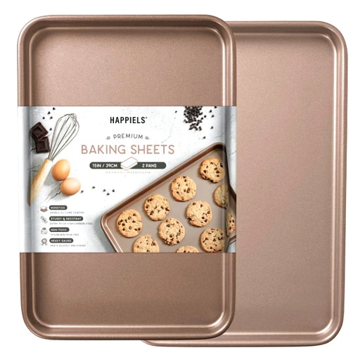 HAPPIELS Nonstick 15x10 inch Baking Sheet Set of 2 | PFOA & BPA Free Non Toxic Carbon Steel 10x15 inches Cookie Sheets | Best Non stick Oven Cooking Pans & Jelly Roll Pan | Best Nontoxic Baking Trays