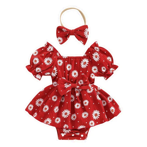 MA&BABY Baby Girls Daisy Romper Bowknot Bodysuit+Headband Short Sleeve Playsuits Floral Jumpsuit Infant Summer Clothes