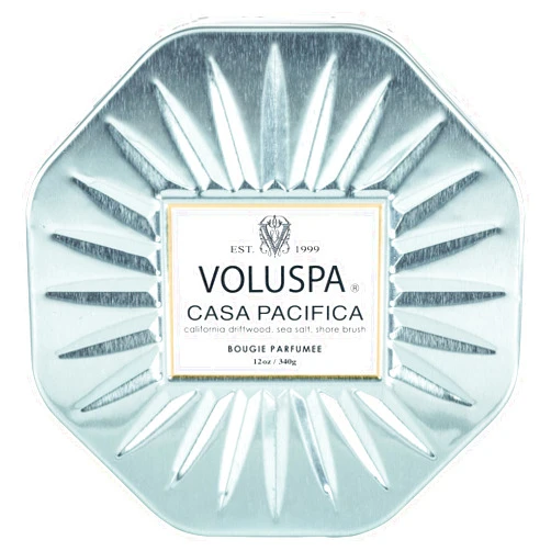Voluspa Casa Pacifica, 3 Wick Tin Candle, 12 Ounces, 40 Hour Burn Time, All Natural Wicks and Coconut Wax for Clean Burning, Vegan, Poured in The USA