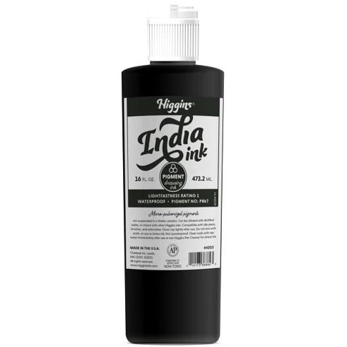 Higgins Black India Pigmented Drawing Ink, 16 Oz Bottle (44203)