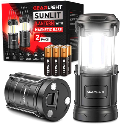 GearLight Camping Lantern - 2 Portable LED Battery Powered Lantern with Magnetic Base and Foldable Hook for Emergency Use or Campsites, Essential Hurricane Survival Kit with Batteries