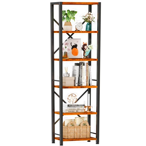 Furologee 6 Tier Tall Bookshelf, Industrial Narrow Bookcase, Display Standing Shelf Units, Metal and Wood Storage Rack Organizer for Living Room, Home Office, Entryway, Kitchen, Rustic Brown