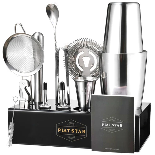 Plat Star Mixology Bartender Kit | Home Bar Set Cocktail Shakers Bartending Kit | Bar Tools Boston Shaker Set with Stand | Professional Drink Mixing Martini Shaking Tins Barware Set w/Strainer