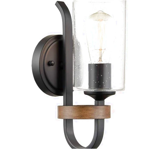 HYDELITE Industrial Seeded Cylindrical Glass Black Wall Sconce | Farmhouse Black & Wood Grain Finish Accented Bathroom Wall Light Oil Rubbed Bronze for Bathroom hallway
