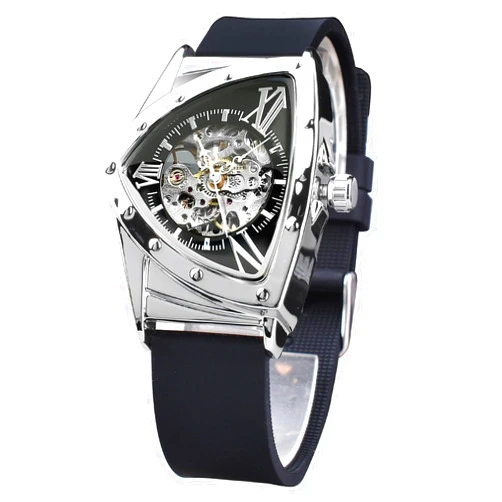 FORSINING Skeleton Watches for Men, Automatic Mechanical Watch with Triangle Dial, Luminous Self Winding Watches Soft Silicone Strap