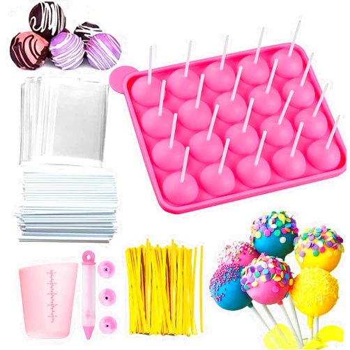 TECARATE Mold - Silicone Cake Pop Kit with Measuring Cup Decorating Pen with 4 Piping Tips 100 Pcs Lollipop Sticks 100 Pcs Treat Bags 800 Pcs Gold Twist Ties