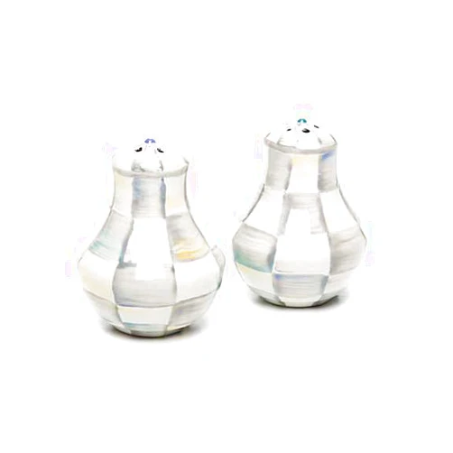 MACKENZIE-CHILDS Enamel Salt and Pepper Shakers, Farmhouse Kitchen Decor and Accessories, Small, Gray-and-White Sterling Check