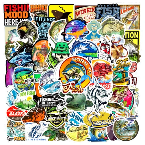 ONESHAW 50Pcs Go Fishing Stickers Pack Waterproof Vinyl Decals Ideal for Laptop Car Skateboard Water Bottle Kayaks Scrapbook Travel Case Guitar Luggage and Motorbikes (Go Fishing)
