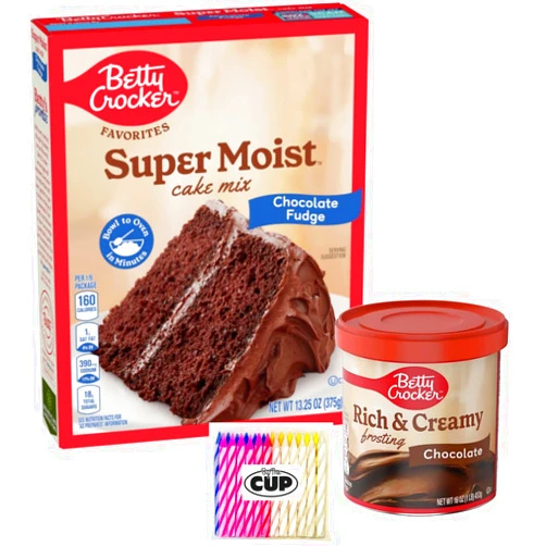 By The Cup Betty Crocker Super Moist Chocolate Fudge Cake Mix and Rich & Creamy Chocolate Frosting with By The Cup Candles