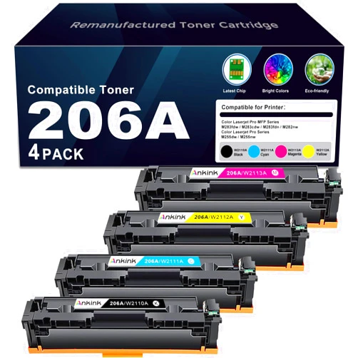 Ankink 206A Compatible Toner Cartridge with Chip Replacement for HP 206X HP206A for Color Laserjet Pro MFP M283fdw M283cdw Pro M255dw M255nw M283 M255 | W2110A| W2110A(Black Cyan Yellow Magenta, 4-Pack Set)