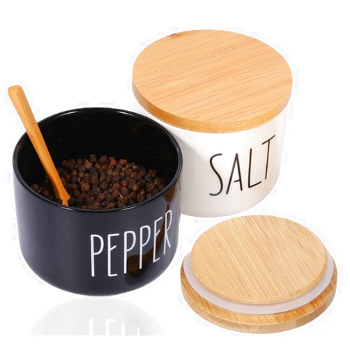 VICUKIE Farmhouse Salt And Pepper Bowls,Stacked Ceramic Salt Cellar With Bamboo Lid, Salt Container With Lid And Spoon, Modern Farmhouse Kitchen Decor, Salt Box, Spice Box（Darker Black & White）