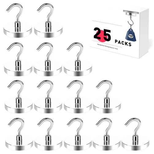 LOVIMAG Strong Magnetic Hooks, 100LBS Magnet Hooks for Hanging Heavy Huty, Super Powerful Cruise Magnetic Hooks Magnetic Hanger for Metal Door, Grill, Refrigerator，Ceiling, Tool Room etc - 25 Pack