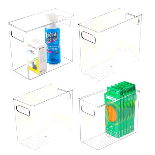 mDesign Tall Plastic Storage Organizer Container Bin, Office Organization for Filing Cabinet, Cupboard, Shelves, and Desk - Holds Notepads, Pens, Pencils, Highlighters, Ligne Collection, 4 Pack, Clear