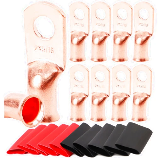 TKDMR 10pcs 2 AWG-5/16 Battery Lugs,Copper Wire Lugs,Heavy Duty Battery Cable Ends,Tubular Ring Terminals,AWG Crimp Wire Ring Lugs,Battery Terminal Connectors with 3:1 Heat Shrink Tubing