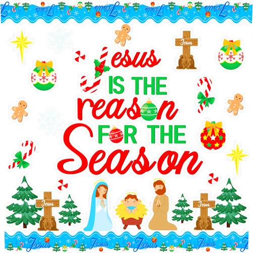 YUUIKLLE 113Pcs Jesus is The Reason for The Season Cutouts Bulletin Board Decoration Set Christmas Trees Cross Snow Nativity Christian Faith Religious Sunday Classroom Chalkboard Wall Winter Party Decor
