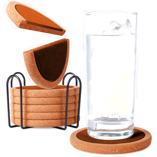 ZINCCO Drink Coasters with Holder, Absorbent Coaster, (6 Pack), Cork Felt Coasters, Coasters for Table Protection, Round Thick Coasters for Drinks, Glasses, Cups, Bar, Housewarming Gift, Brown.