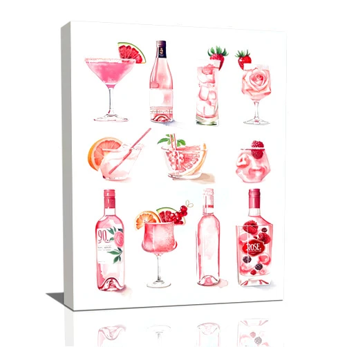 Fuzawet Cocktail Champagne Wall Art Wine Bottle Watercolor Pictures Wall Decor Alcohol Collage Canvas Painting Home Modern Artwork Decorations Framed for Bar Bathroom Living Room Bedroom Office 12x16 inch