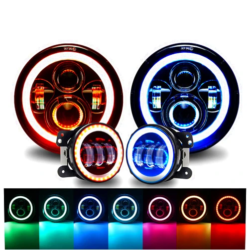 MIRUNNY Wrangler LED Headlight 7 Inch & 4 Inch Led Fog Lights Combo, RGB Halo DRL & Amber Turn Signal Light, Bluetooth APP Control, Canbus Headlight for 1997-2017 Jeep JK LJ TJ Sahara Sport Hummer H1 H2