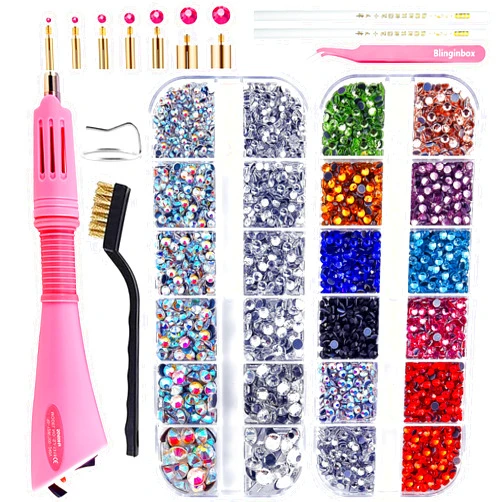 Blinginbox Hotfix Rhinestone Setter, Hot Fix Applicator Tool Bedazzler Kit with Rhinestones, Kit, Hot Fixed Wand for Clothes Clothing Fabric Crafts, 4000 Pcs, AB Crystal, Clear,7 Gems Sizes