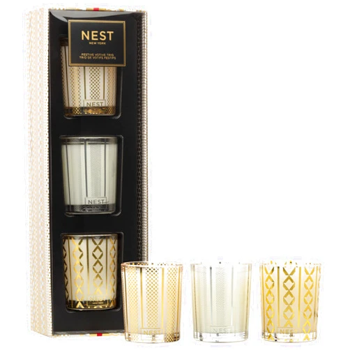 NEST New York Holiday, Birchwood Pine, Blue Cypress & Snow Festive Scented Votive Candle Trio, 6 Ounces