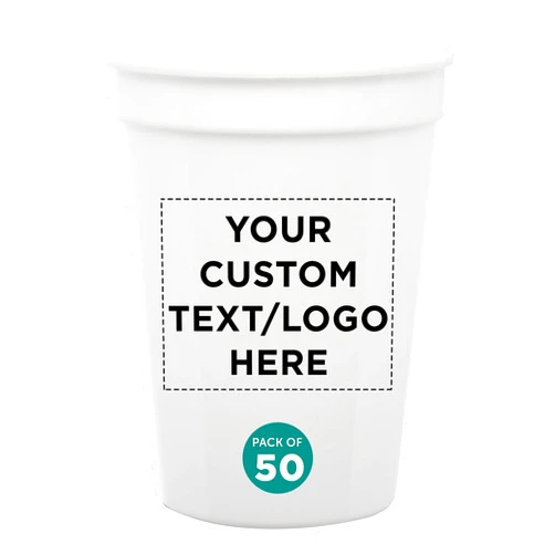 DISCOUNT PROMOS Custom Disposable Plastic Cups 12 oz. Set of 50, Personalized Bulk Pack - Perfect for Summer, Sporting Events, Birthdays, Weddings, Picnic, Beach, Parties - White