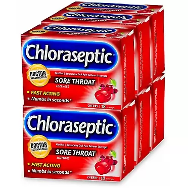Chloraseptic Sore Throat Fast-Acting Numbing Lozenges, Cherry Flavor, 18 Count | Pack of 6