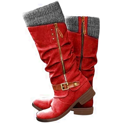 Generic Knee High Boots for Women Mid Calf Sweater Knitted Ruched Cuff Snow Boots with Buckle Accent Zipper Winter Shoes
