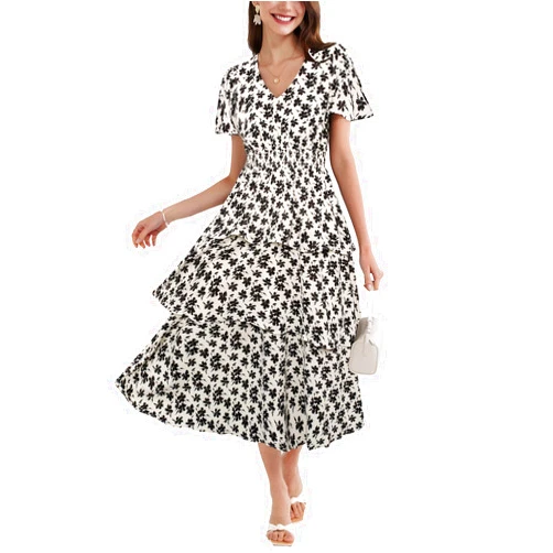 GRACE KARIN Women's 2024 Floral Summer Long Midi Dress V Neck Short Sleeve Ruffle Tiered Layered Boho Swing Dresses