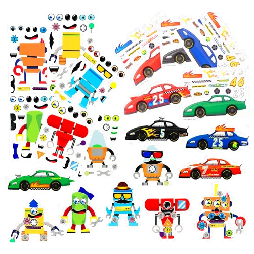 Super Secret Surprise Sack Make A Sticker Sheets (4.5 x 6.5 inches) - Great for Kid's Stocking Stuffers, Easter Basket Stuffers, Party Favors, Kid's Travel Activities (24 Sticker Sheets, 12 Robots & 12 Race Cars)