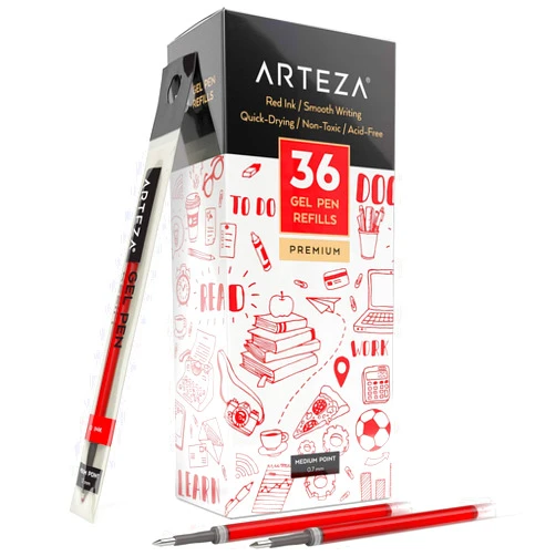 ARTEZA Gel Pen Refills, Pack of 36 Red Roller Ball Gel Ink Pen Refills, Quick-Drying, Nontoxic, Fine Point, Office Supplies for Writing, Taking Notes & Sketching