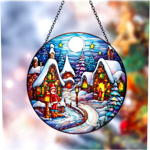 YunTu Christmas Nativity Sun Catchers for Windows Christmas Tree Santa Suncatcher Christmas Hanging Ornaments Christmas Tree Decorations Ornaments for Christmas Trees (Winter Village 1)