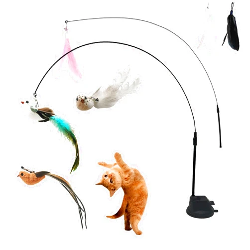 Pawdea Cat Toys Feather Wand Toys, Flexible 2 Cat Wand Toy with Super Suction Cup, 3 Natural Bird Feather Refills with Bell, Fun Interactive Cat Feather Toys for Indoor Kittens or Cats