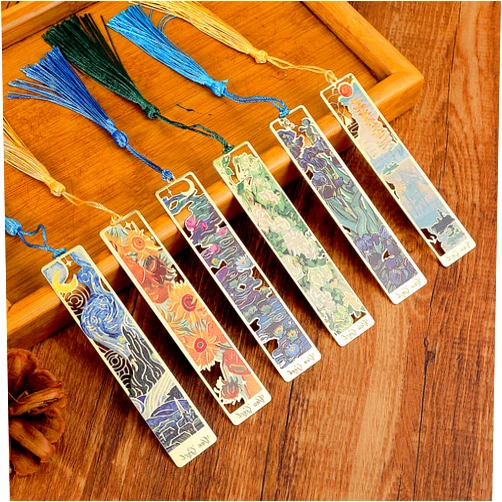Andibro 6Pcs Metal Bookmarks with Tassel, Golden Hollow Bookmark Metal Van Gogh Bookmarks Gifts for Book Lovers Writers Readers Teachers Students Men Women