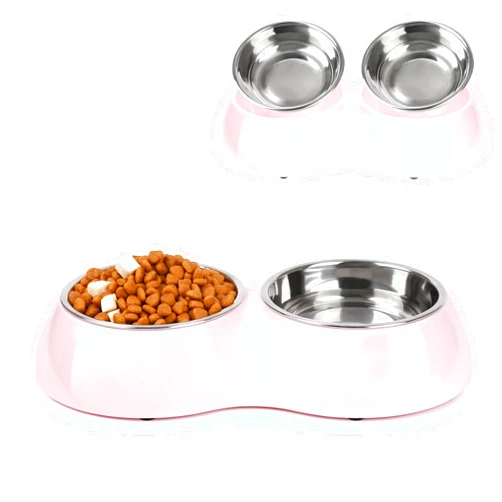 Petvillage Double Dog Bowl Set - includes Two 6.9 fl oz Stainless Steel Bowls & Elevated Base, Ideal for Small to Large Pets, Feeding Solution for Dogs, Cats, Puppies - Pink