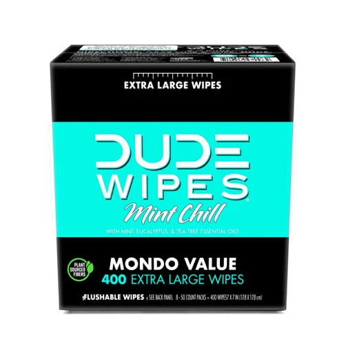 DUDE Wipes - Flushable Wipes - 8 Pack, 400 Wipes - Mint Chill Extra-Large Adult Wet Wipes - Eucalyptus & Tea Tree Oil - Septic and Sewer Safe