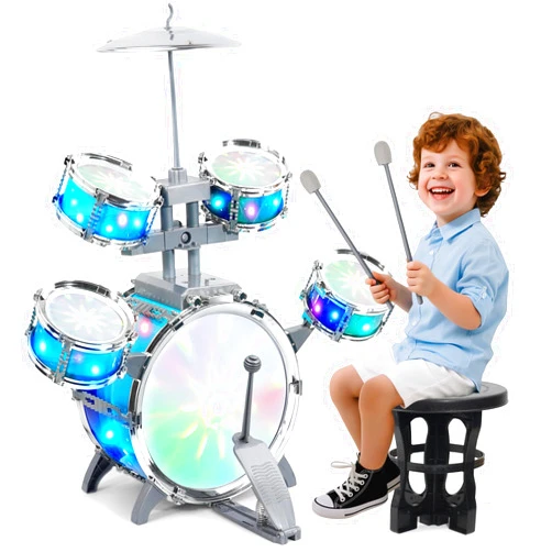 LeeQee Drum Set for Kids 1-3, Jazz Drumset for Toddler 3-5 Vibrant Aurora Light with 5 Pcs High Drums, Musical Instruments Toy for Age 5-7 Year Old Boys Girls