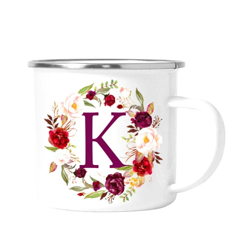 Andaz Press Stainless Steel 11oz. Campfire Coffee Mug Gift, Fall Autumn Burgundy Marsala Floral Wreath Monogram Initial Letter K, 1-Pack, Christmas Birthday Camping Camp Cup, Includes Gift Box