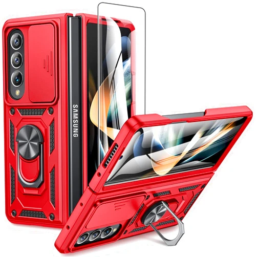 VEGO for Samsung Galaxy Z Fold 4 Case with Separate Screen Protector & Slide Lens Cover Built-in 360° Rotate Ring Kickstand Cover Case for Samsung Galaxy Z Fold 4 5G 2022 - Red