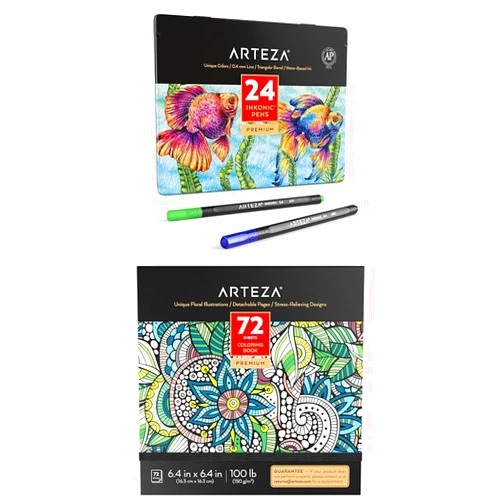ARTEZA Inkonic Fineliner Pens, Set of 24 and Coloring Book for Adults 6.4 x 6.4 Inches