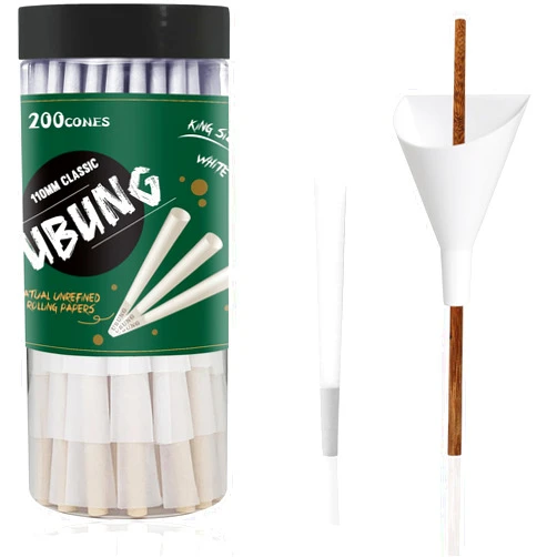UBUNG 200 Pre Rolled Cones - White King Size & Slow Blazing Paper, Including 1 Funnel Cone Loader & 1 Rod