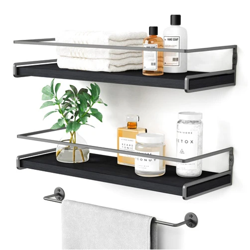Forbena Black Floating Shelves for Bathroom Wall Set of 2, Kitchen Spice Rack Wall Mount, Modern Wood Hanging Wall Shelves for Bedroom Organizer, Restroom Pantry Closet Storage (Grey-Black)