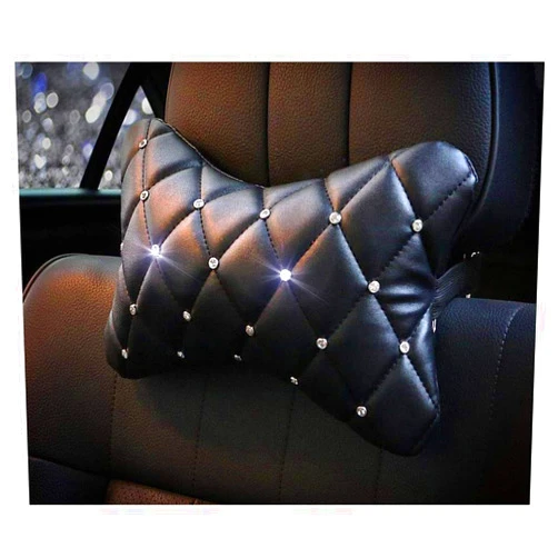 Siyibb 1 Pc Crystal Leather Car Headrest Neck Cushion Pillow Support with Rhinestones Decor