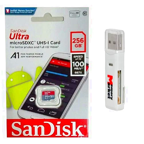 MemoryMarket SanDisk Ultra 256GB MicroSD XC Class 10 A1 UHS-1 Mobile Memory Card up to 100MB/s Read Speed (SDSQUAR-256G-GN6MN) with Dual Slot MemoryMarket MicroSD & SD Memory Card Reader