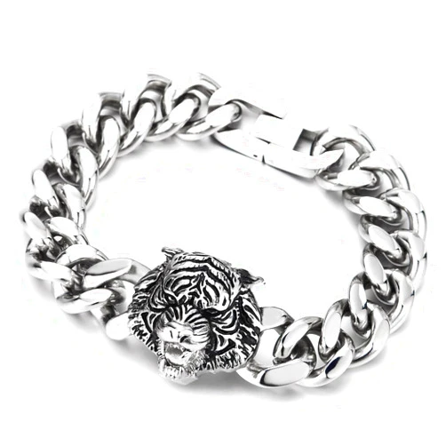 COOLSTEELANDBEYOND Men's Stainless Steel Tiger Head Bracelet with Bold Curb Chain, Masculine Gothic Biker Jewelry