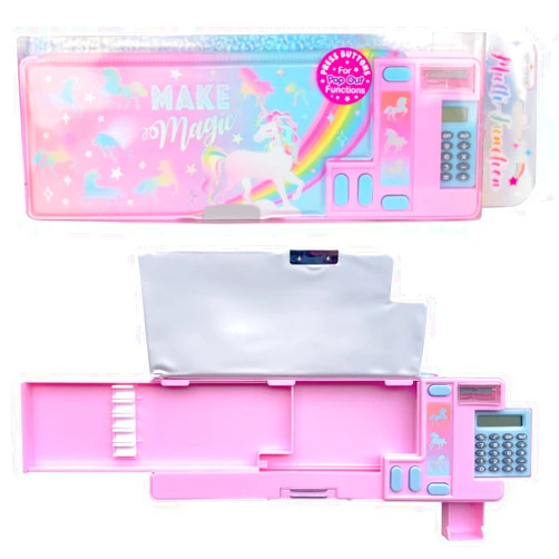 Hot Focus Unicorn Pencil Case – Cool Multifunction Mechanical Pencil Box for Girls, 2 Compartments w/Pop-Out Calculator & Sharpener, Unique Stationery Set, Perfect Stationery Gift for Kids & Teens.