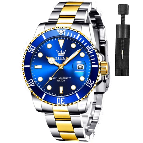 OLEVS Watches for Men Classic with Date Business Dress Luxury Big Face Green/Black/Blue Waterproof Luminous Mens Wrist Watch Analog Two Tone Stainless Steel Men Watch