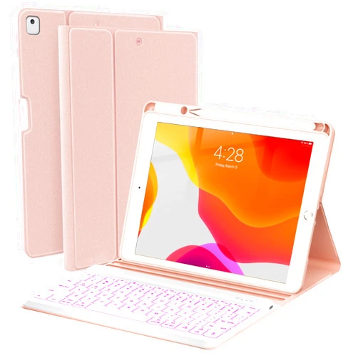 OPAKIT iPad 9th/8th/7th Generation Case with Keyboard, 7-Color Backlit Detachable Bluetooth Keyboard and Pencil Holder, for 10.2'' 2021, 2019, Air 3rd, Pro 10.5'', Rose Gold